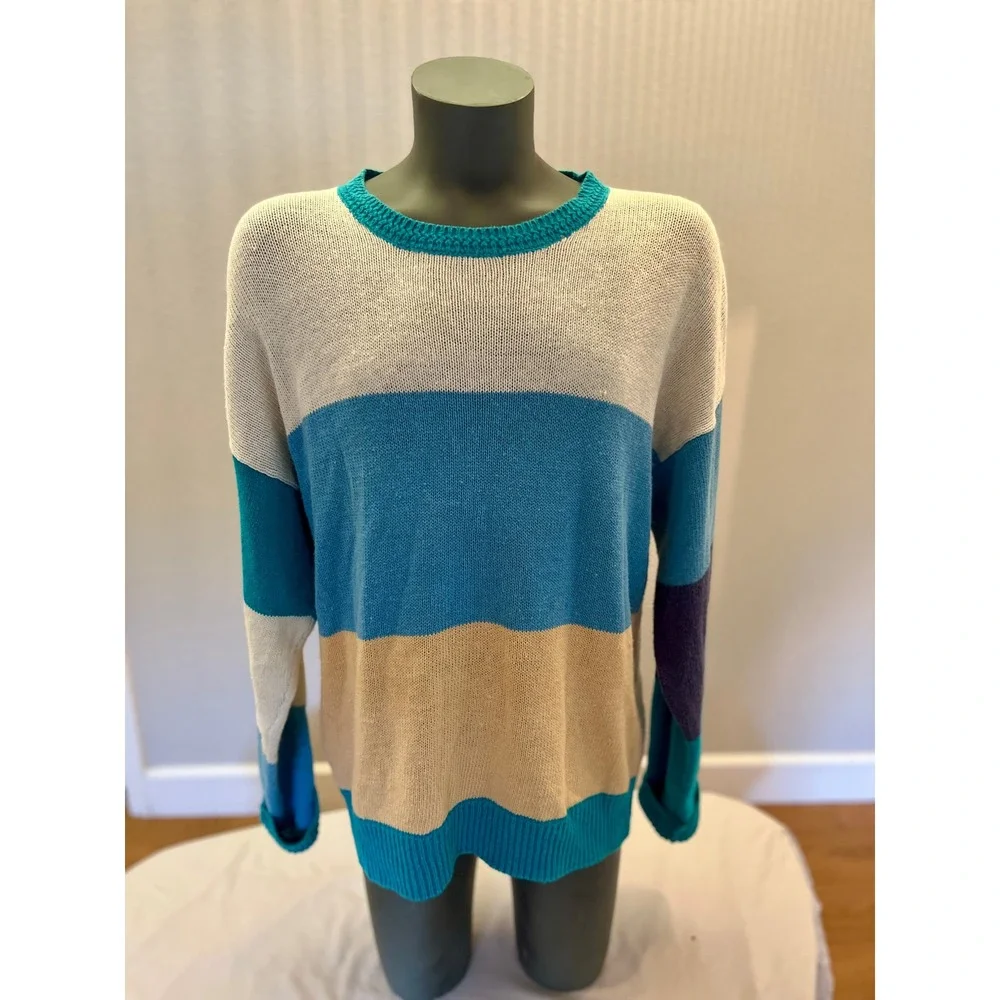 Vintage Color Block Ramie Cotton Grandpa Sweater Oversized XL Coastal 90s Knit